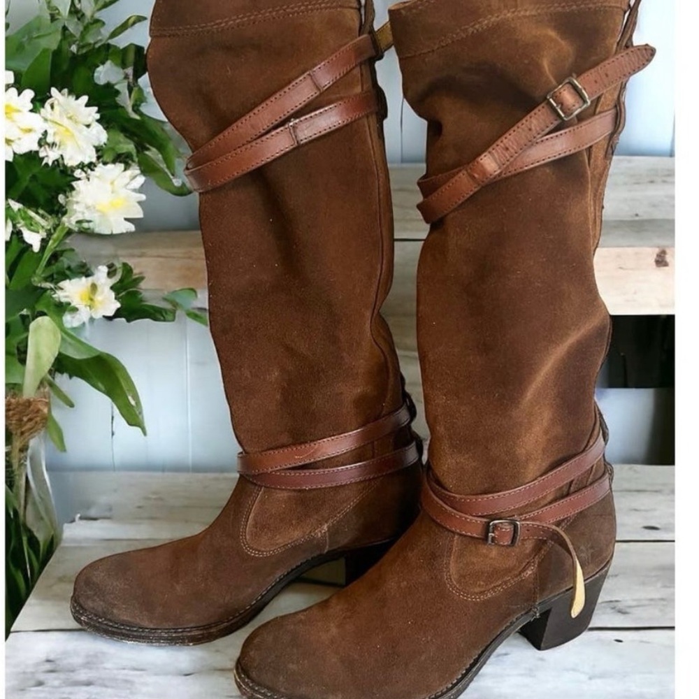 Frye suede tall slouchy boots with buckle accents size 8 Brown